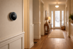 - Stuart Rose Heating and Air Smart thermostat showing 70° on a beige wall in a warmly lit foyer hallway.