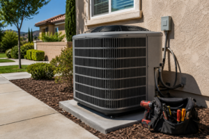 - Stuart Rose Heating and Air Outdoor air conditioner condenser on a concrete pad beside a beige stucco house, with a toolbox and drill bag nearby on mulch.