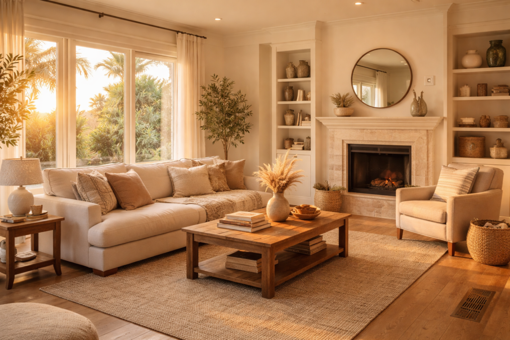 Sunlit living room with a beige sofa, matching chair, and a wooden coffee table in front of a gas fireplace. Large windows show a sunset garden outside.
