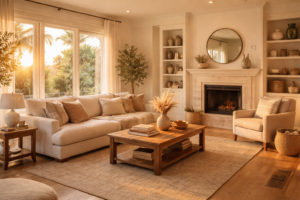 - Stuart Rose Heating and Air Sunlit living room with a beige sofa, matching chair, and a wooden coffee table in front of a gas fireplace. Large windows show a sunset garden outside.