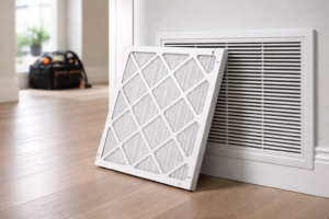 - Stuart Rose Heating and Air White pleated HVAC air filter leaning against a wall return vent on a hardwood floor, with a tools bag blurred in the background (indicating it’s being replaced).